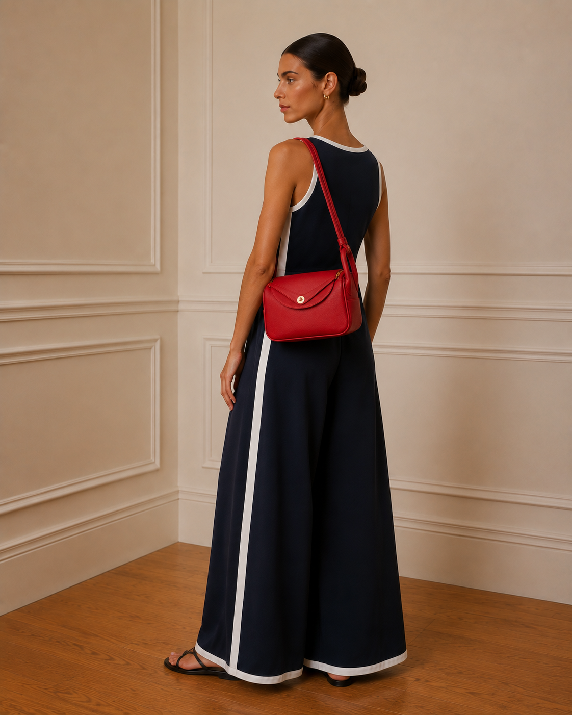 Top marinero azul marino con ribetes blancos - look completo lateral con bolso rojo