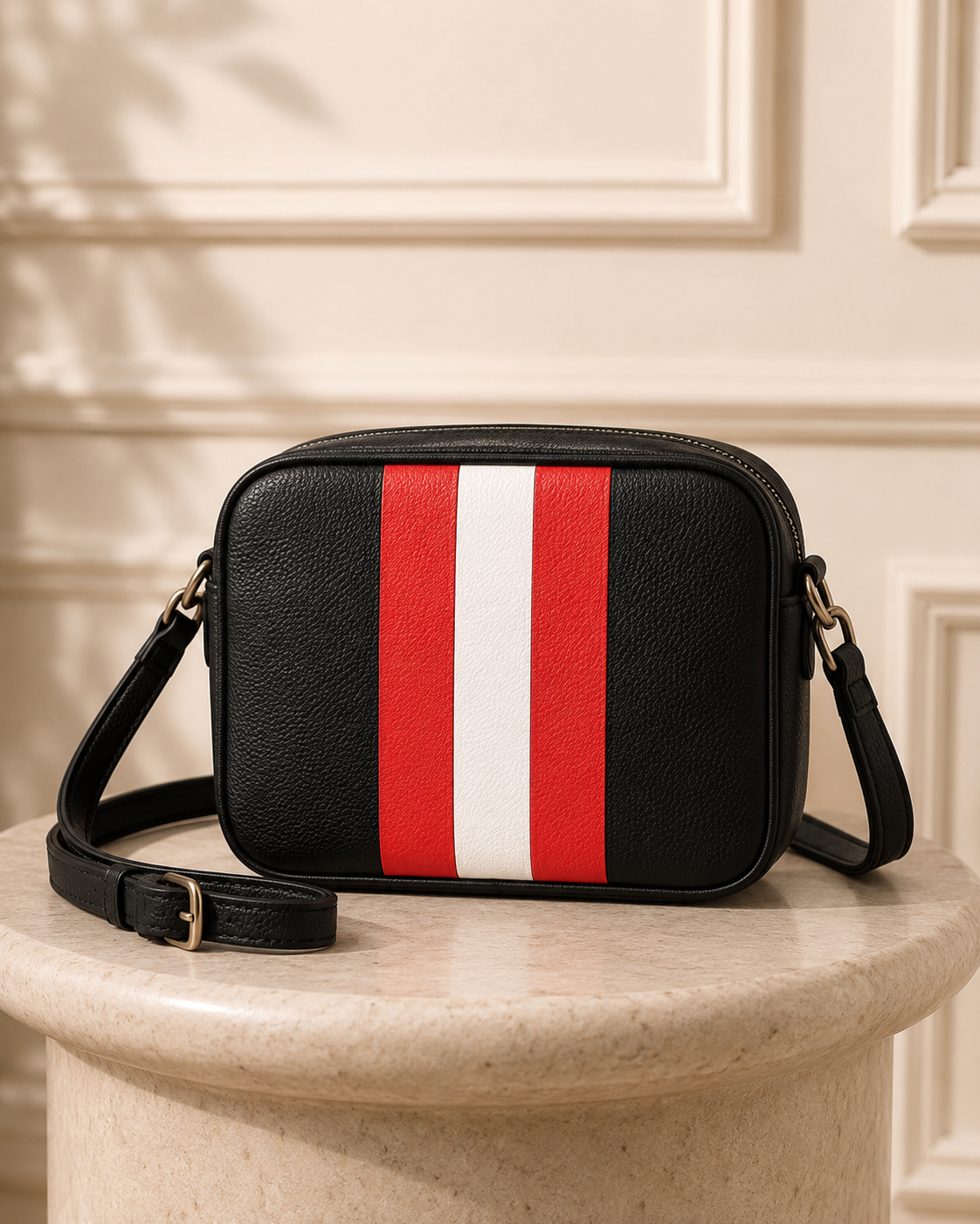 Bolso bandolera negro franjas rojo y blanco