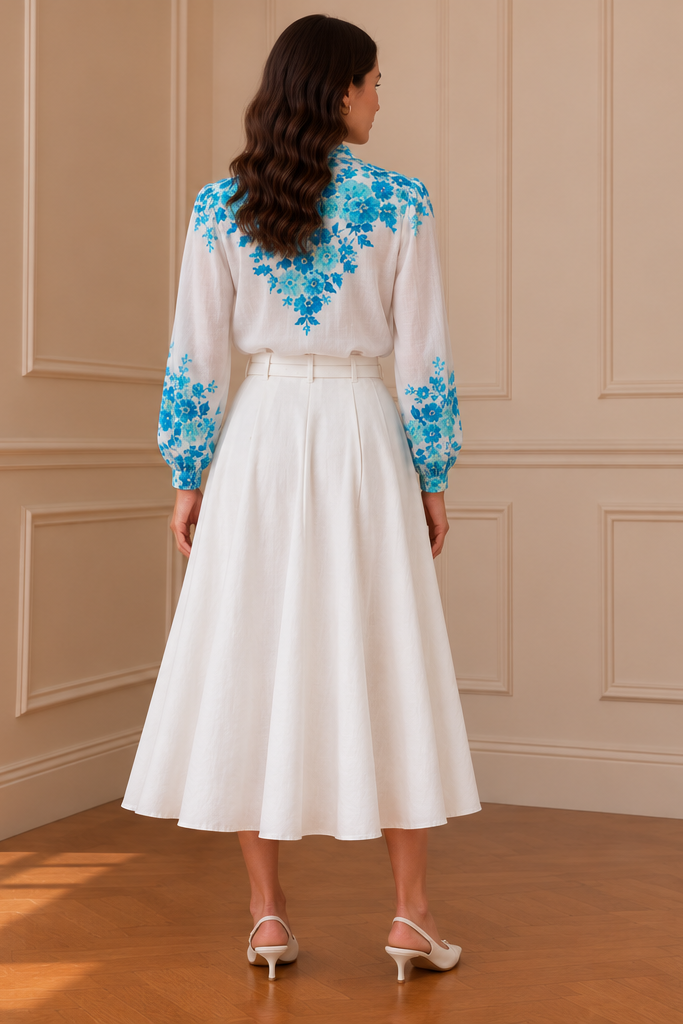 Camisa floral blanca estampado turquesa
