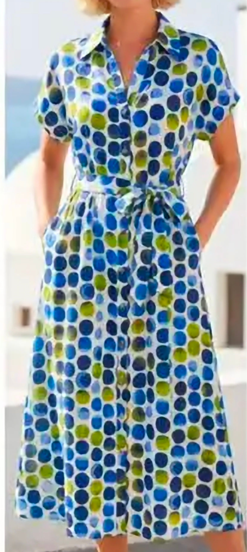 Vestido camisero midi lunares azul y verde