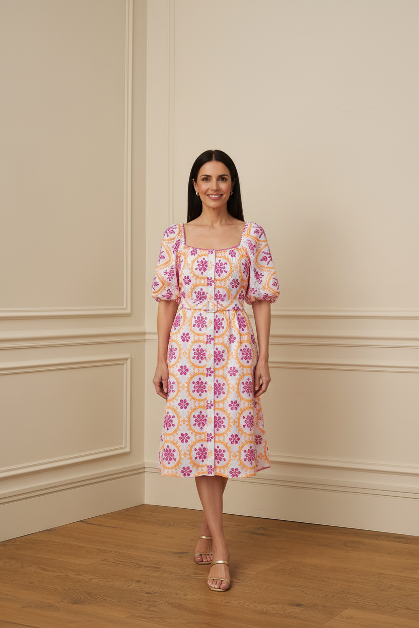 Vestido corto bordado fucsia