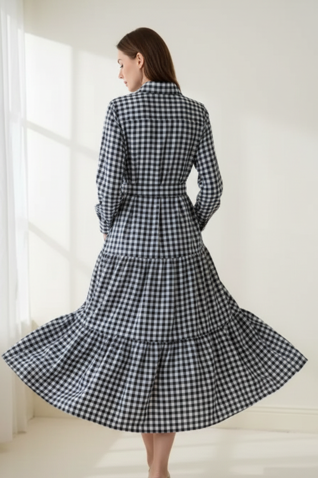 Vestido camisero en vichy azul marino