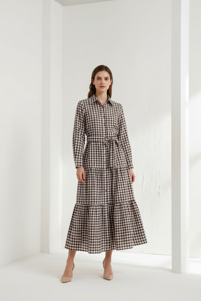Vestido camisero cuadros vichy fondo arquitectónico