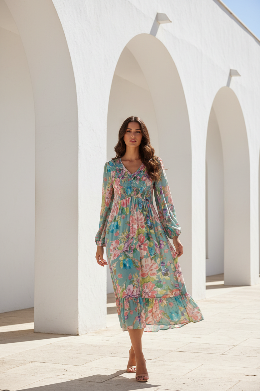Vestido floral midi 6151 con fondo arquitectónico