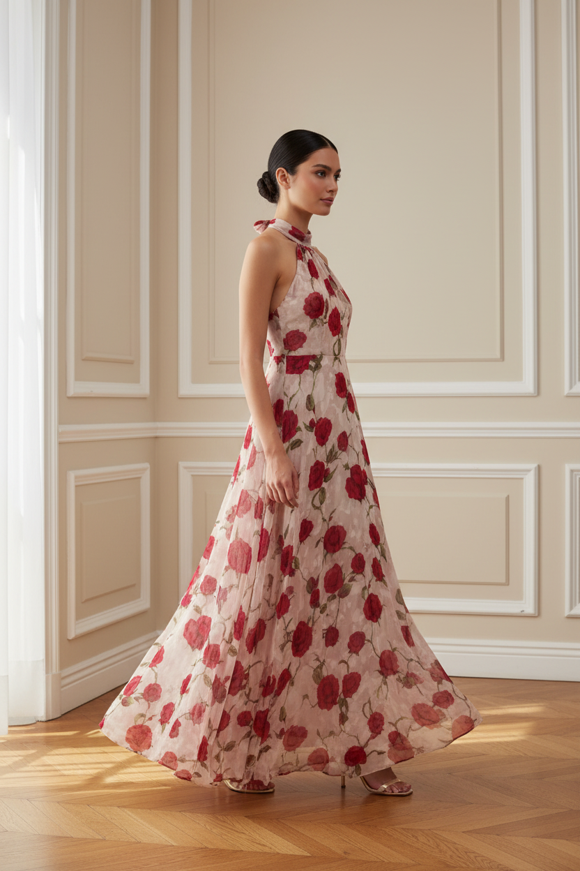 Vestido halter rosas - tres cuartos