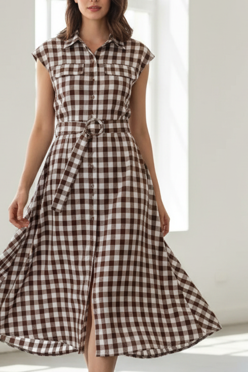 Vestido camisero en vichy marrón chocolate