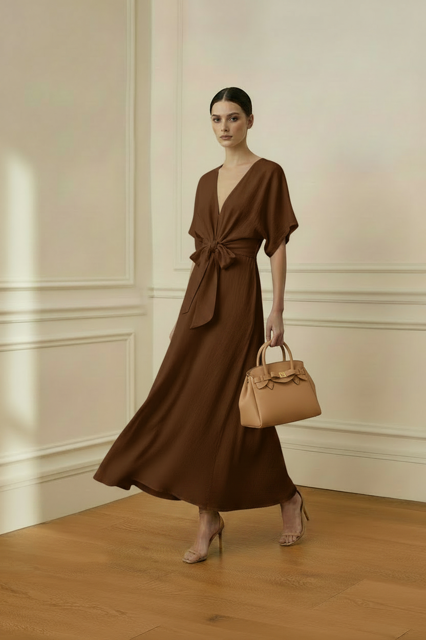 Vestido marrón con bolso camel