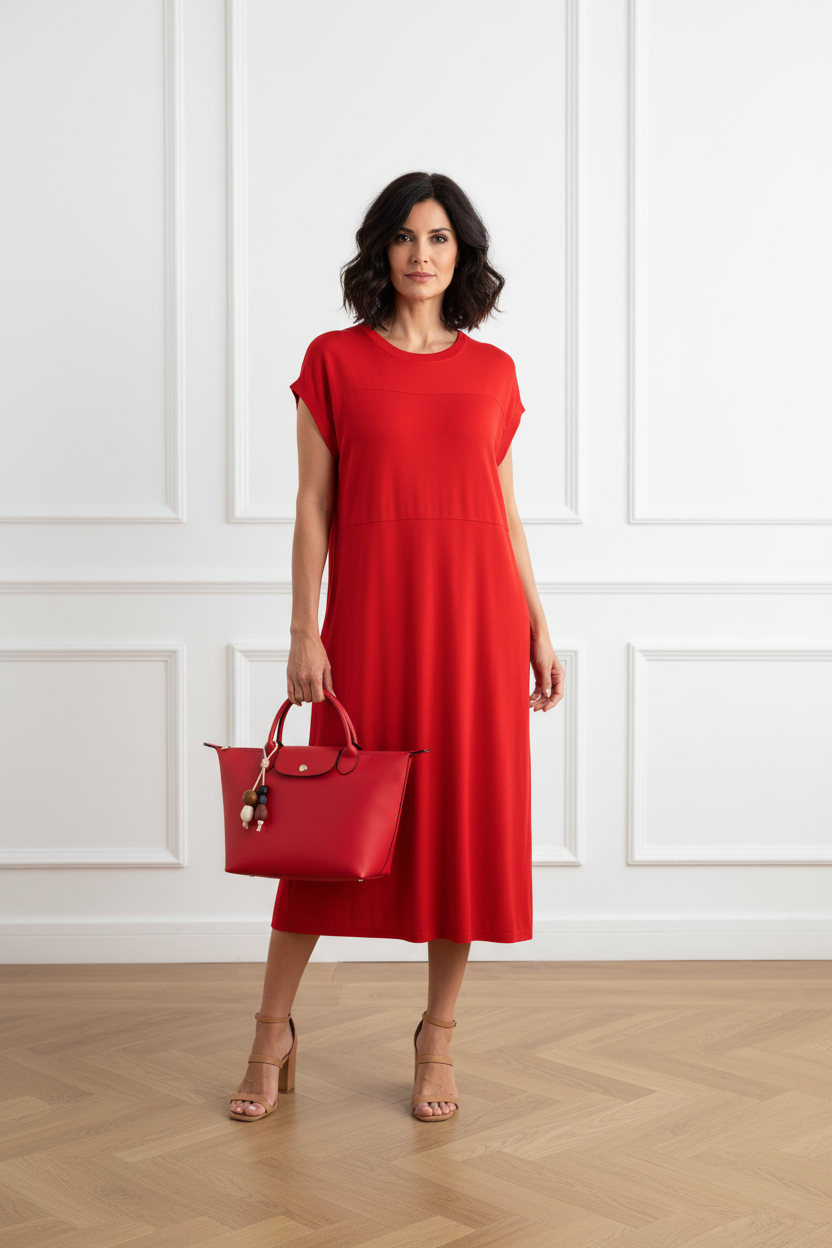 Vestido rojo punto + bolso rojo Longchamp - frontal