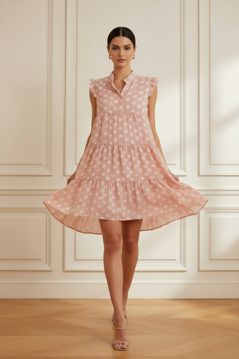 Vestido rosa de lunares caminando