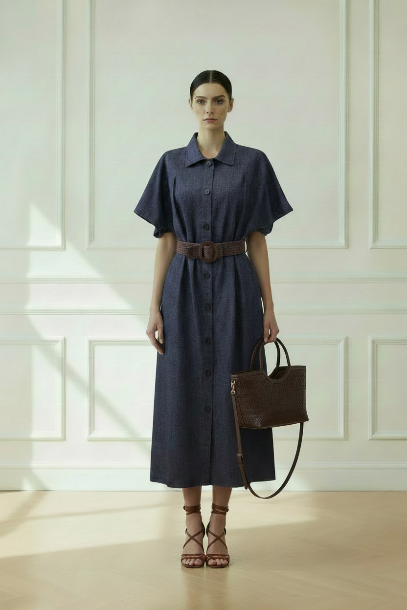Vestido vaquero con bolso marrón y sandalias de tiras