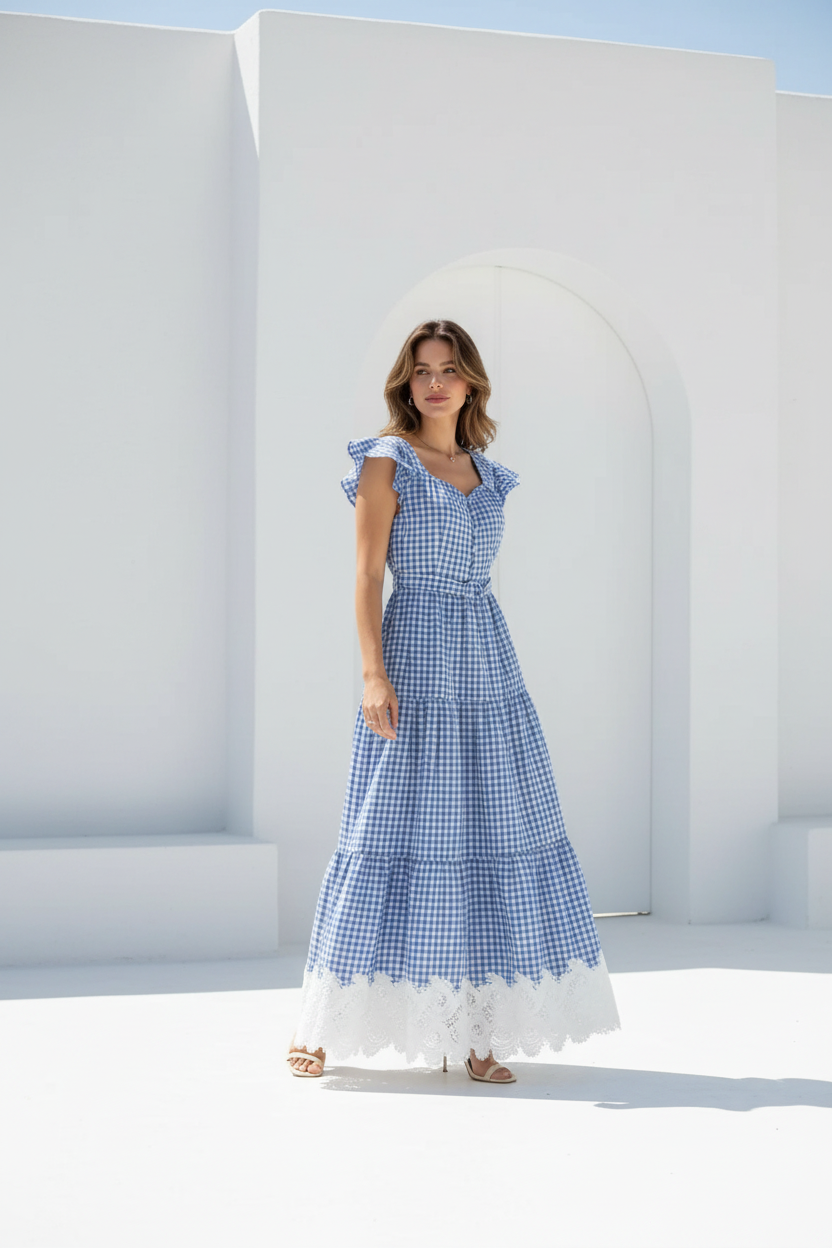 Vestido vichy azul - tres cuartos