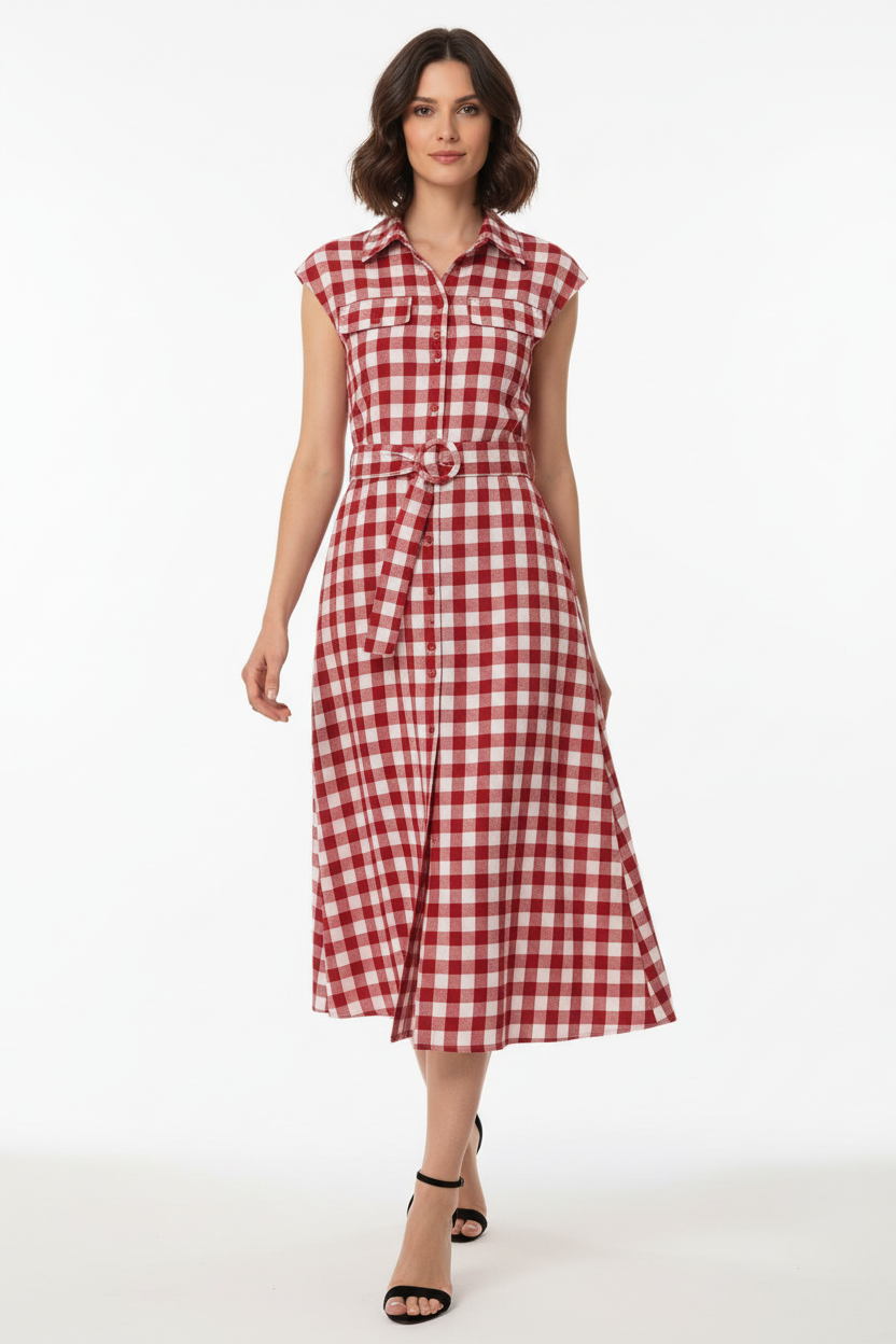Vestido vichy rojo caminando corregido
