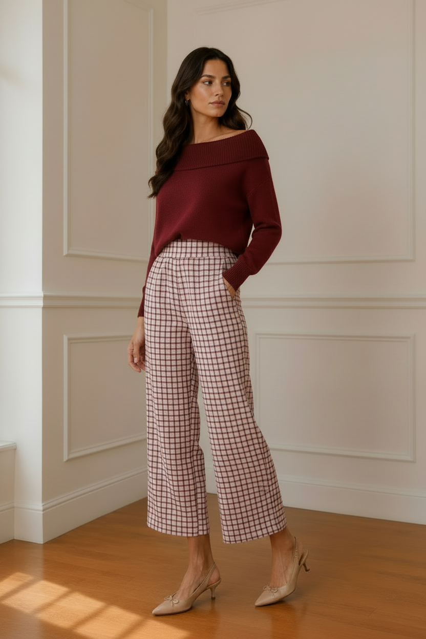 Vista 3/4 jersey granate pantalón vichy