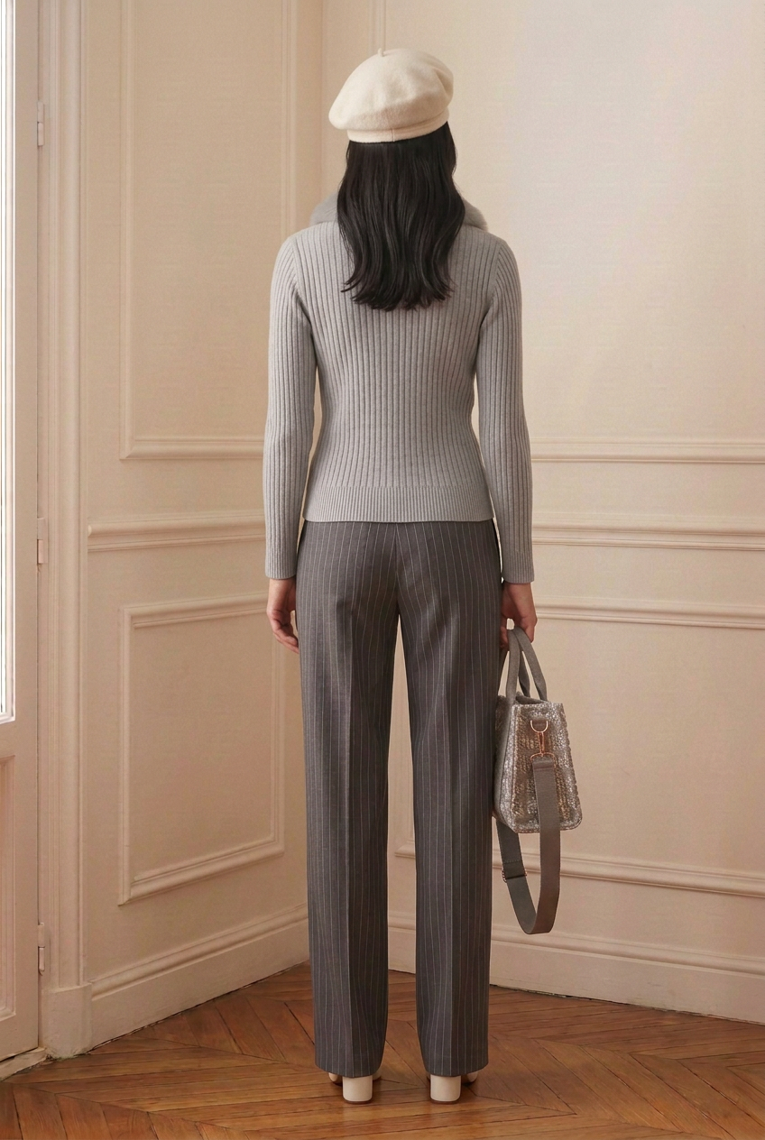 Vista de espaldas del conjunto con la chaqueta gris