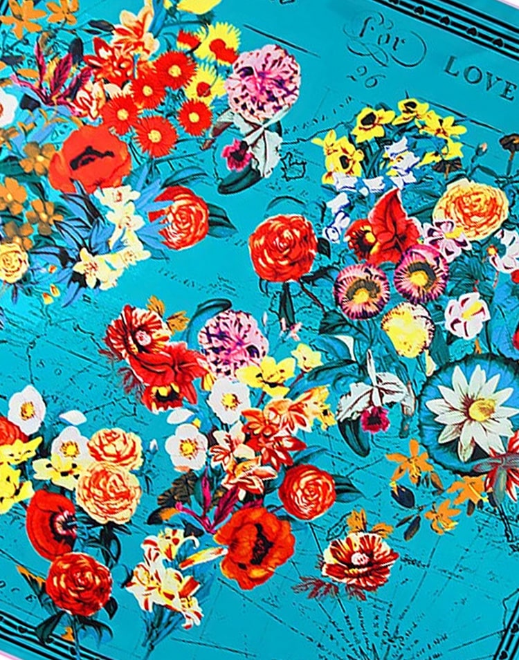 Pañuelo de seda mapa mundi de flores turquesa muestrarios tienda de ropa de mujer y accesorios de moda de mujer