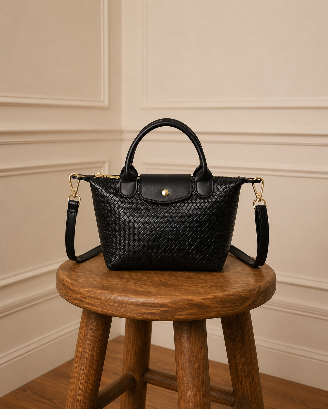 Bolso trenzado negro con asa