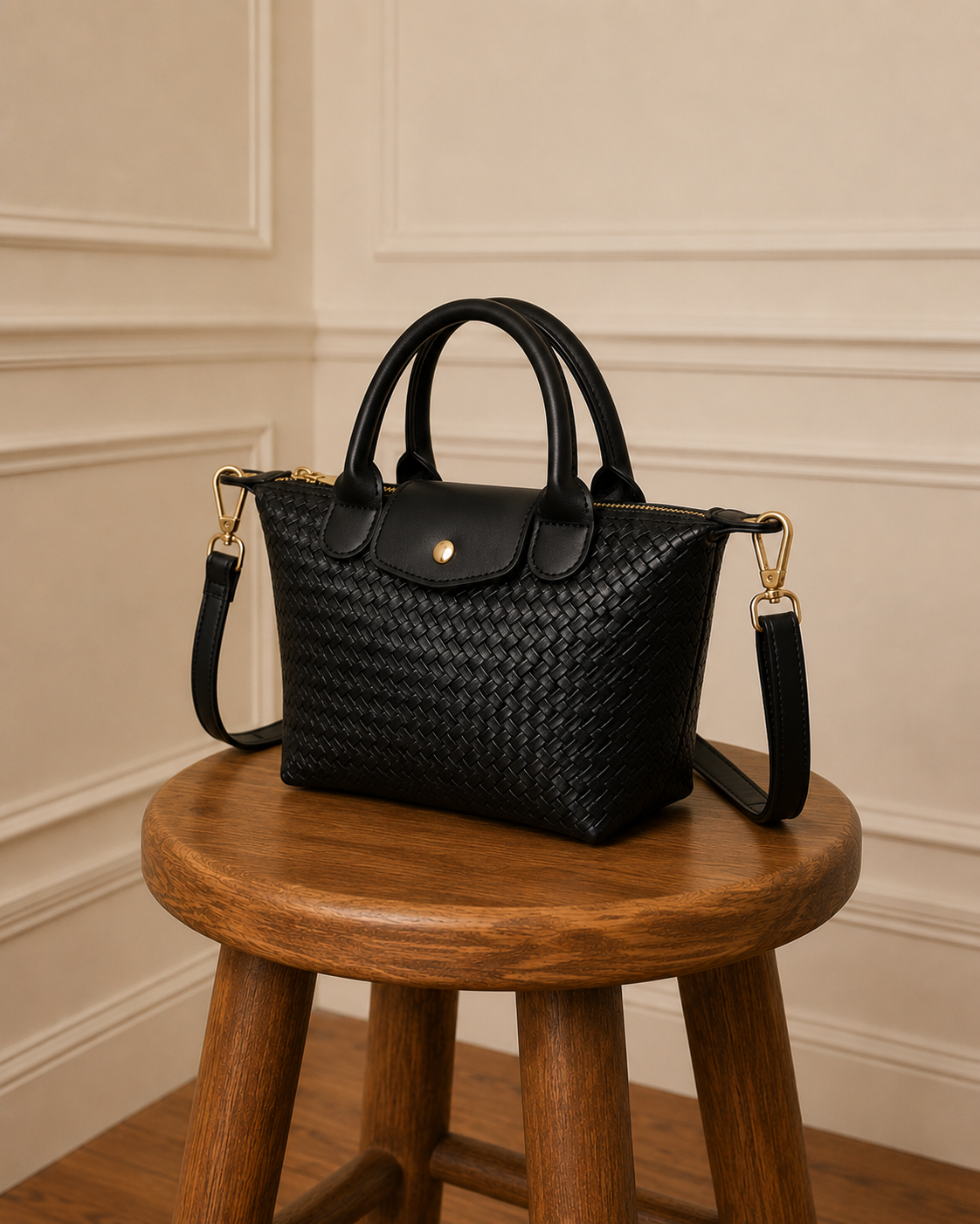 Bolso trenzado negro con asa
