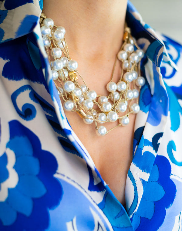 Collar corto perlas multi vueltas con hilo dorado muestrarios de moda y accesorios de mujer bisutería
