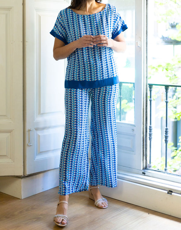 Pantalón fluido estampado mini azul muestrarios de ropa y moda mujer