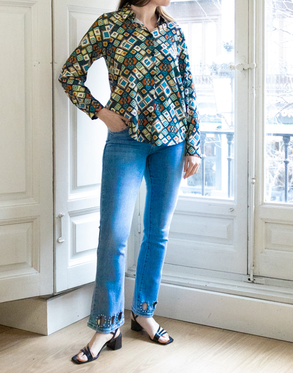 Camisa de punto estampado de rombos multicolor verde muestrarios de ropa y moda de mujer camisa anti arrugas