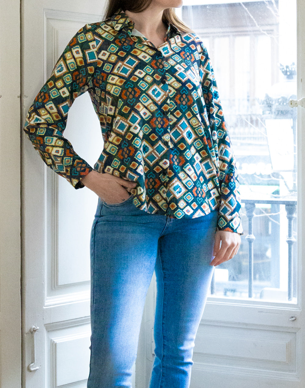 Camisa de punto estampado de rombos multicolor verde muestrarios de ropa y moda de mujer camisa anti arrugas