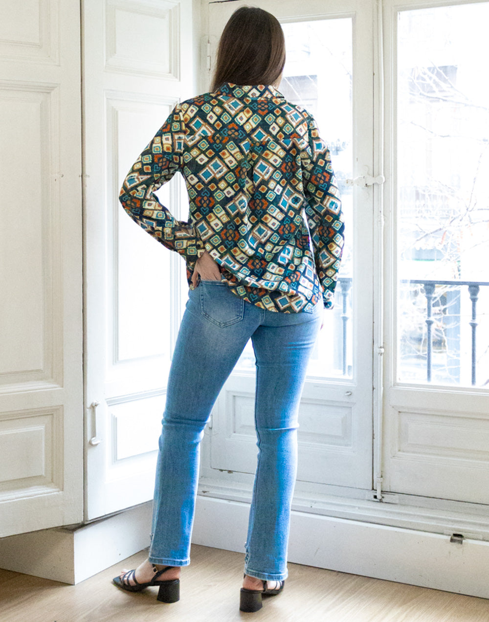 Camisa de punto estampado de rombos multicolor verde muestrarios de ropa y moda de mujer camisa anti arrugas