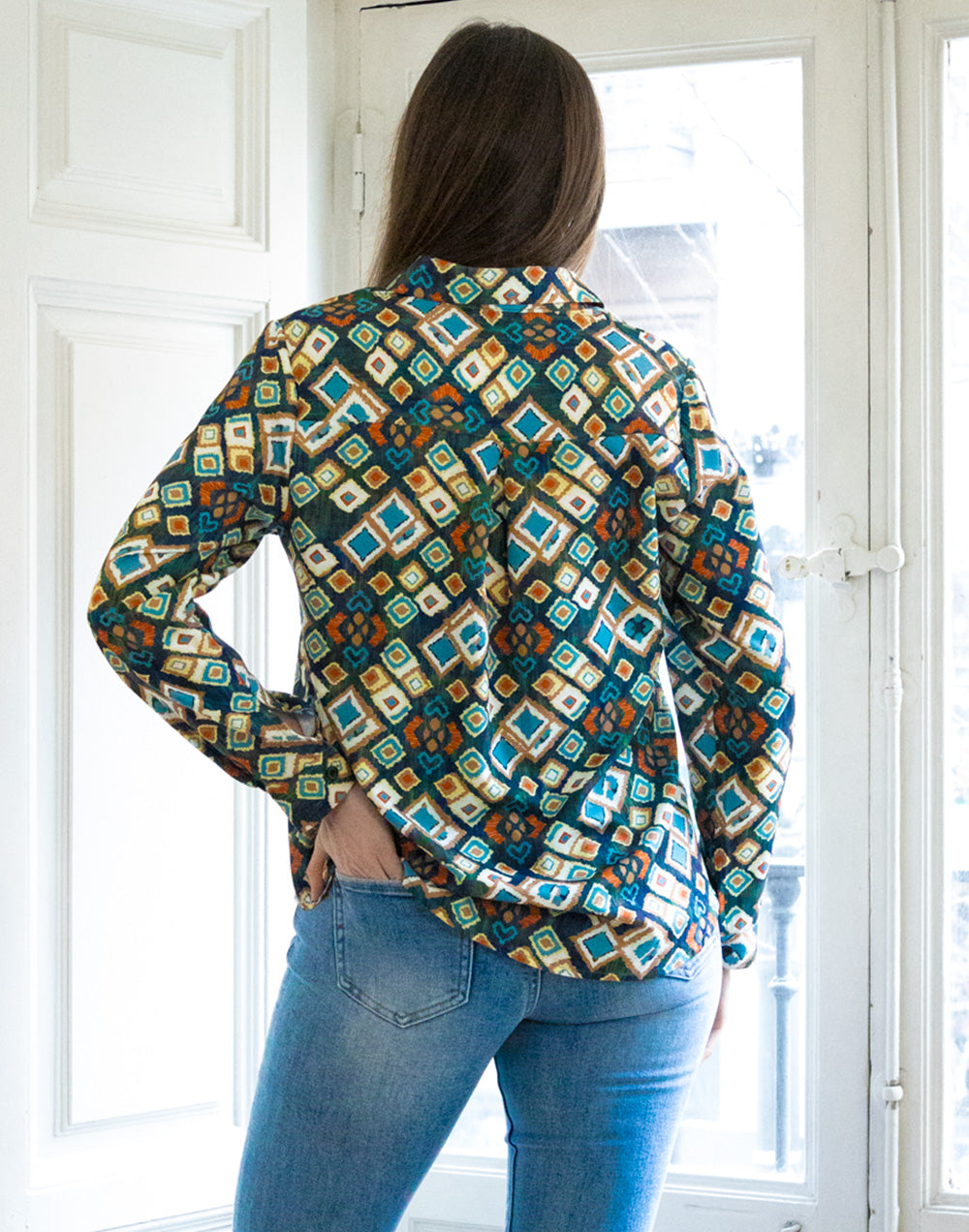 Camisa de punto estampado de rombos multicolor verde muestrarios de ropa y moda de mujer camisa anti arrugas