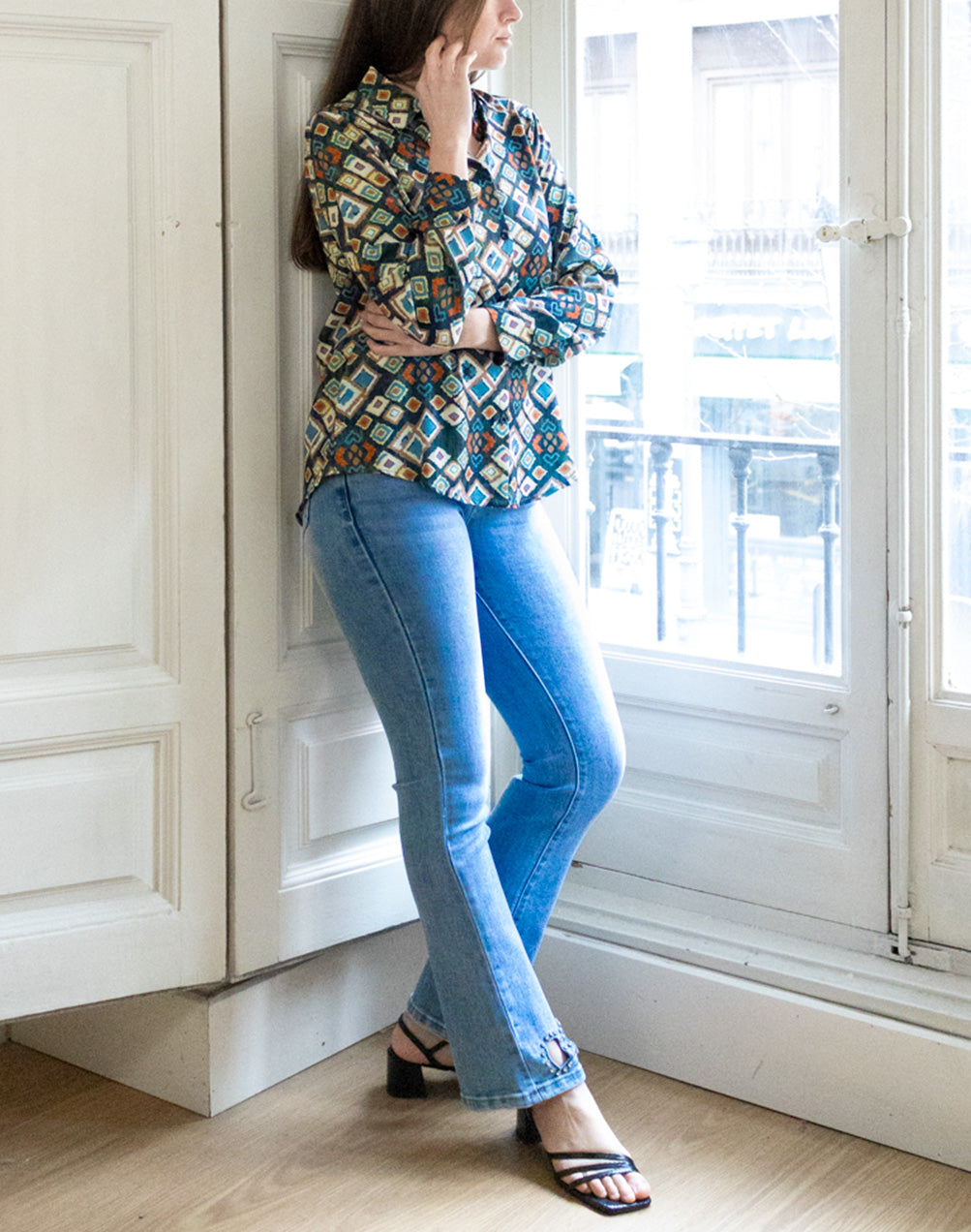 Camisa de punto estampado de rombos multicolor verde muestrarios de ropa y moda de mujer camisa anti arrugas