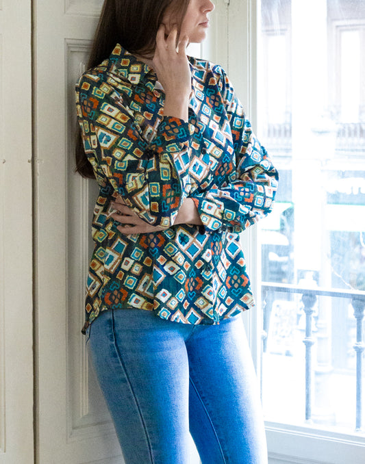 Camisa de punto estampado de rombos multicolor verde muestrarios de ropa y moda de mujer camisa anti arrugas