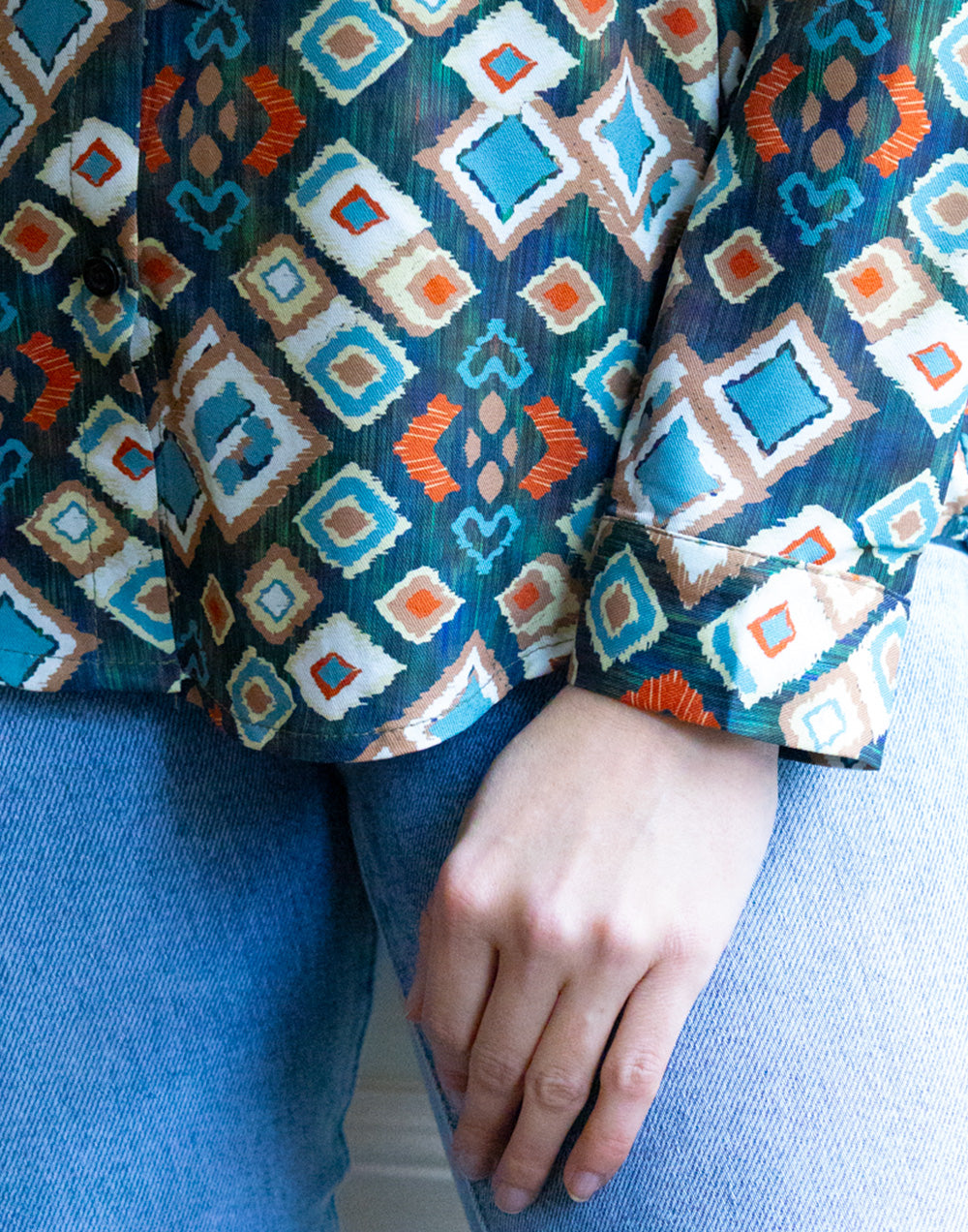 Camisa de punto estampado de rombos multicolor verde muestrarios de ropa y moda de mujer camisa anti arrugas