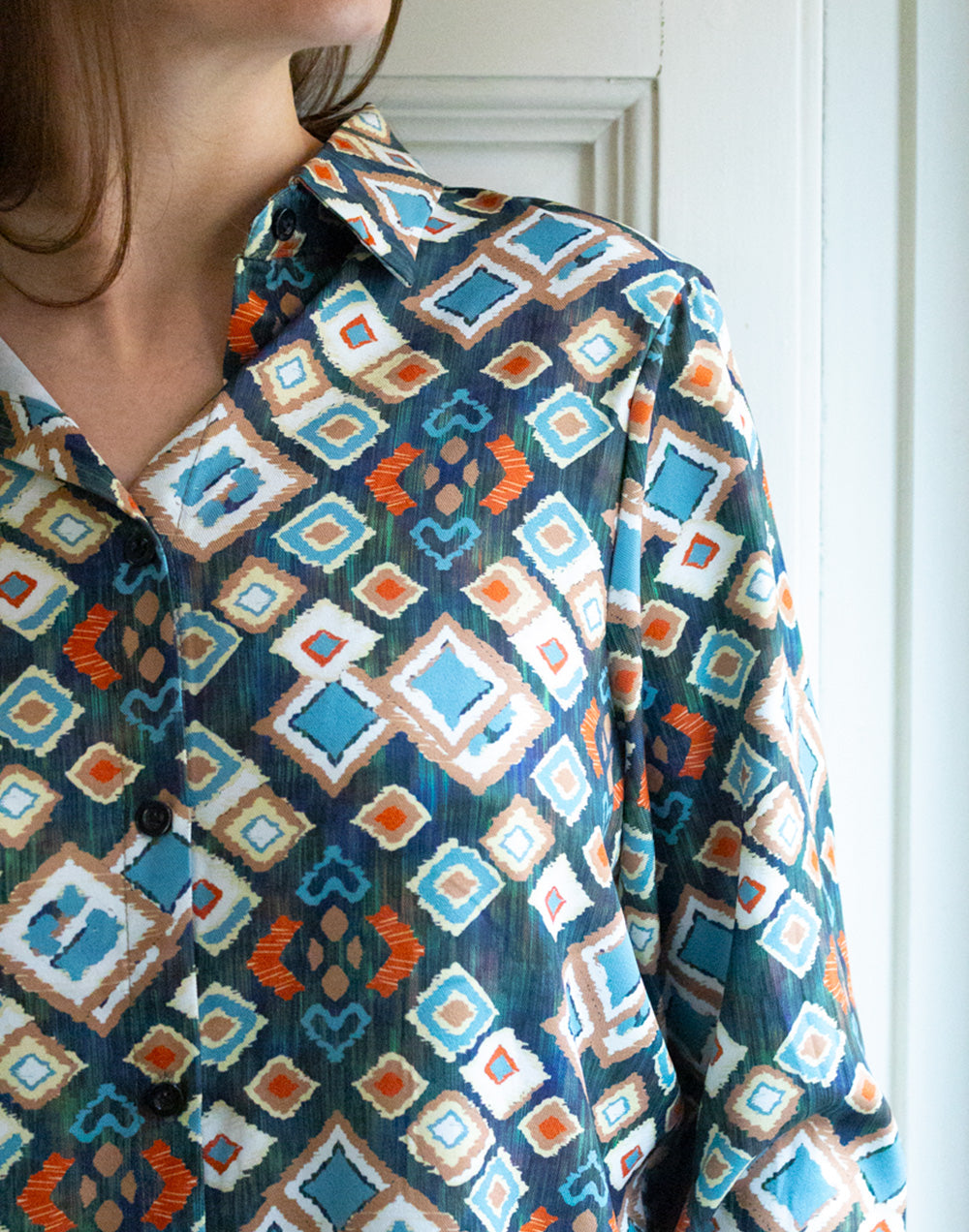 Camisa de punto estampado de rombos multicolor verde muestrarios de ropa y moda de mujer camisa anti arrugas