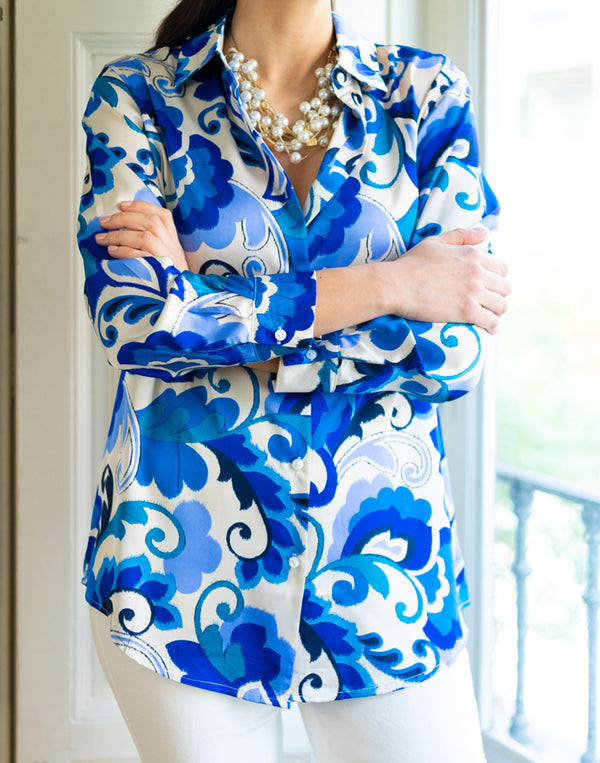 Camisa satinada maxi paisley azul muestrarios de ropa y moda de mujer vestir bien con talla grande mujer mediana edad