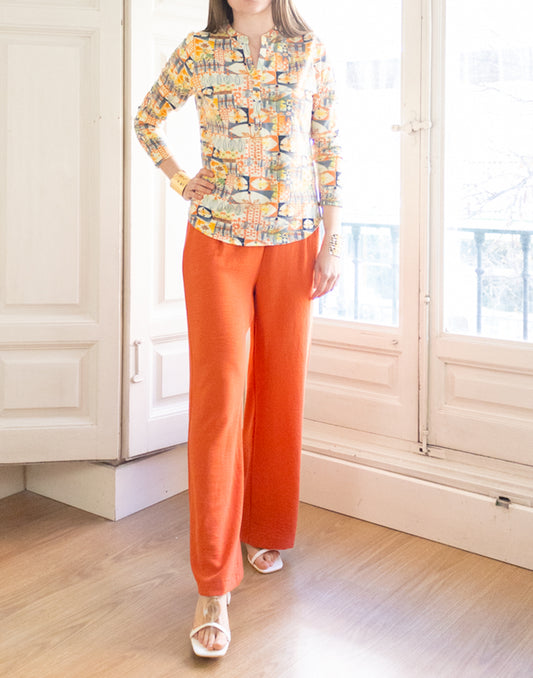 Camiseta camisera estampado detalles pictóricos naranja muestrarios de ropa y moda de mujer vestir bien con talla grande plus