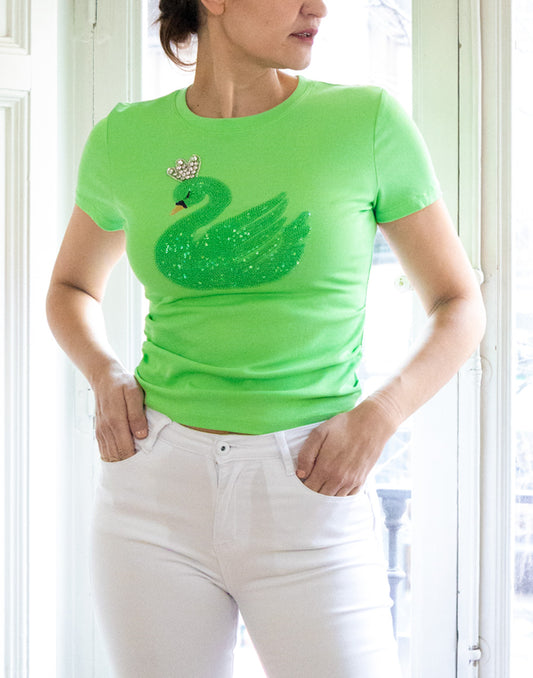 Camiseta cisne de lentejuelas verde pistacho muestrarios de ropa y moda de mujer