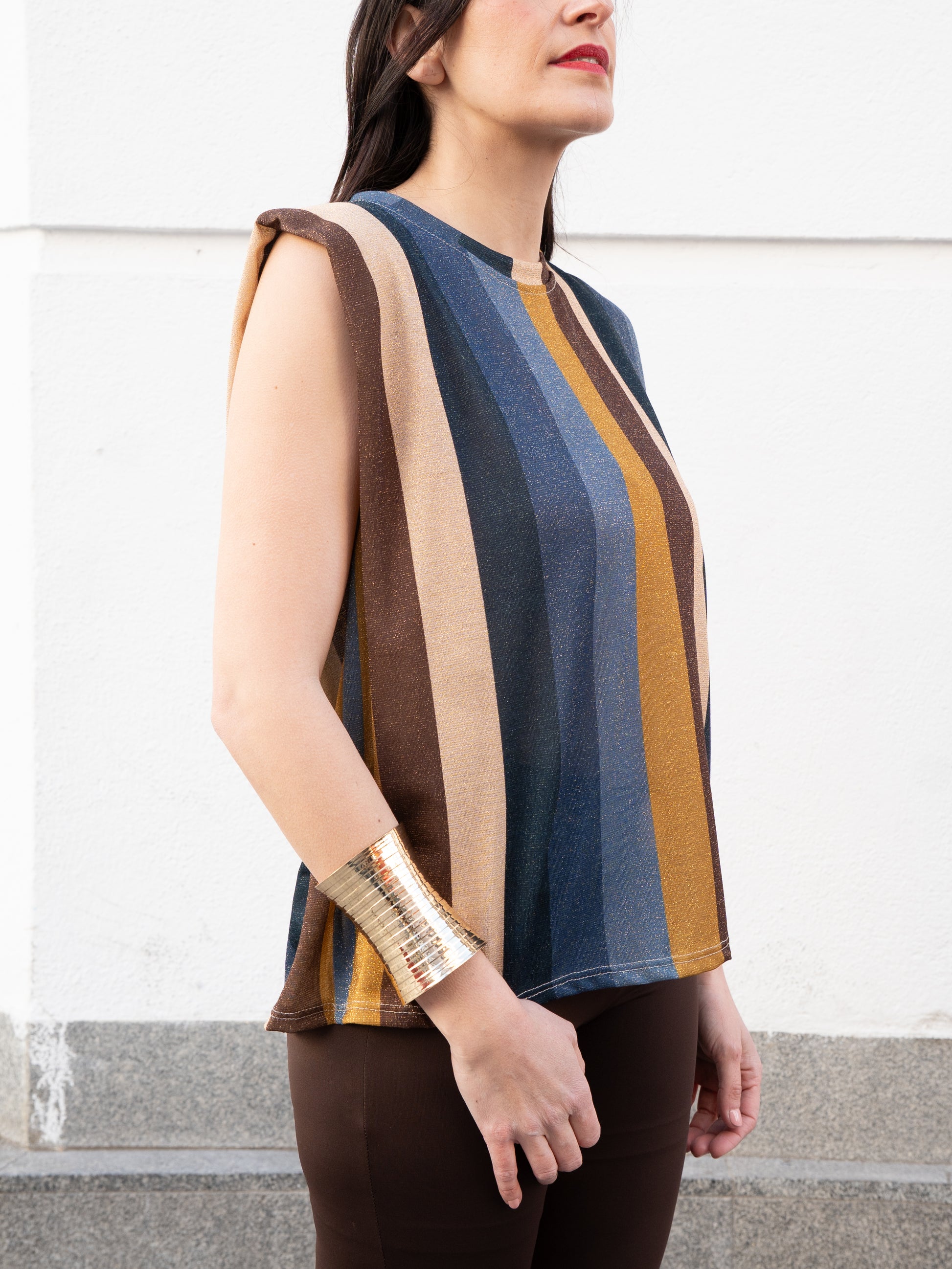 Camiseta rayas con lurex azul y amarillo muestrarios de ropa y moda de mujer 