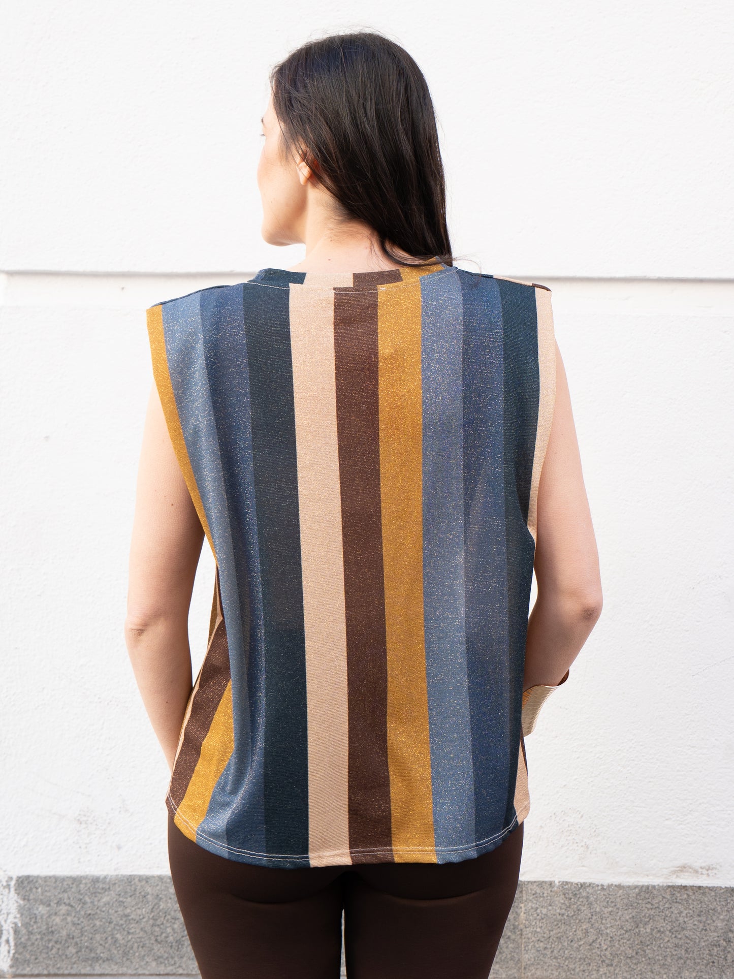 Camiseta rayas con lurex azul y amarillo muestrarios de ropa y moda de mujer 