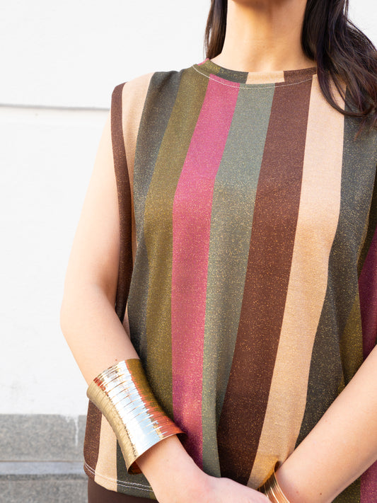 Camiseta rayas con lurex azul y marrón muestrarios de moda ropa mujer vestir bien con talla grande 