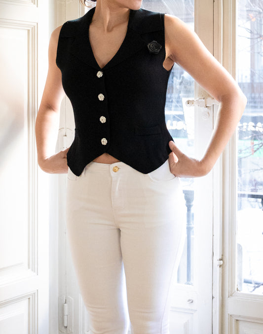 Chaleco de tricot con solapas y botones joyas negro muestrarios de ropa y moda de mujer vestir bien elegante ideas para ir a trabajar
