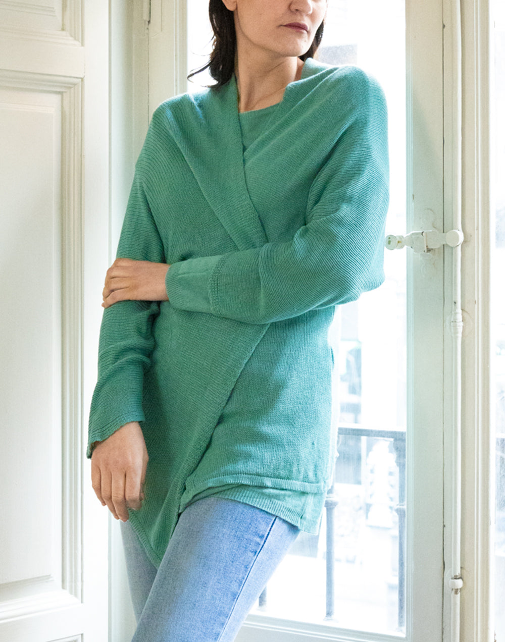 Chaqueta 34 de punto calado aguamarina muestrarios de ropa y moda de mujer vestir bien con talla grande plus