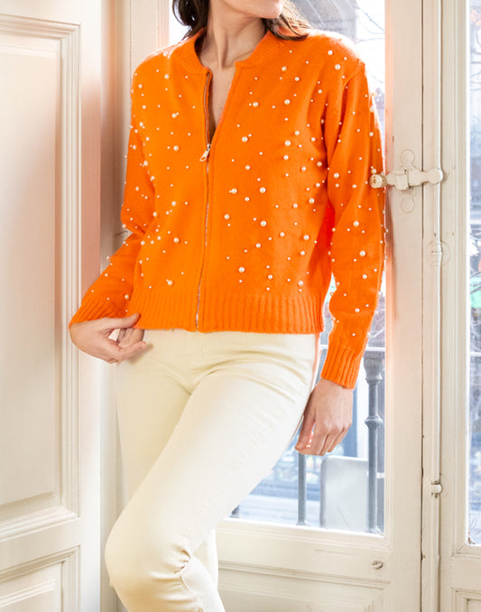 Chaqueta bomber de punto con apliques de perlas naranja muestrarios de ropa y moda de mujer ideas vestir mujer mediana edad