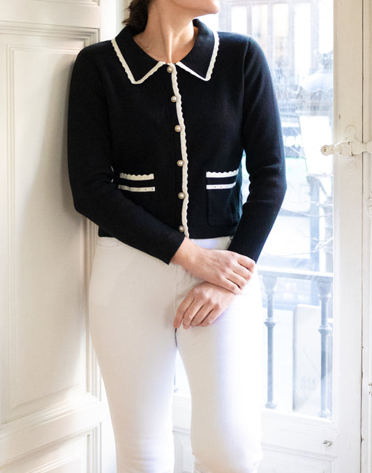 Chaqueta de punto con cuello y filo a contraste negro muestrarios de ropa y moda de mujer vestir bien elegante ropa bonita