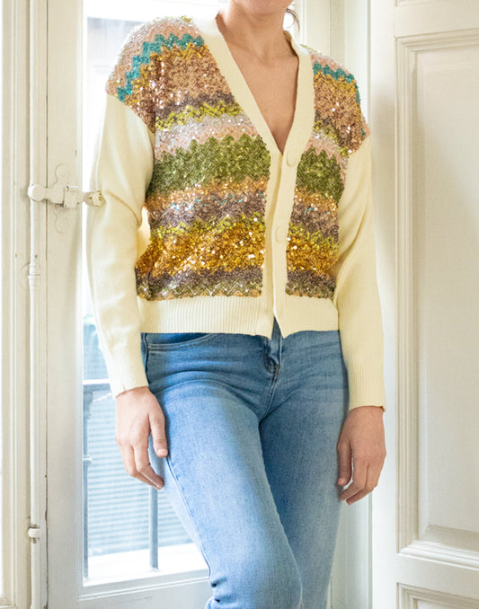 Chaqueta de punto con frontal de lentejuelas blanco marfil muestrarios de ropa y moda de mujer comprar prendas especiales