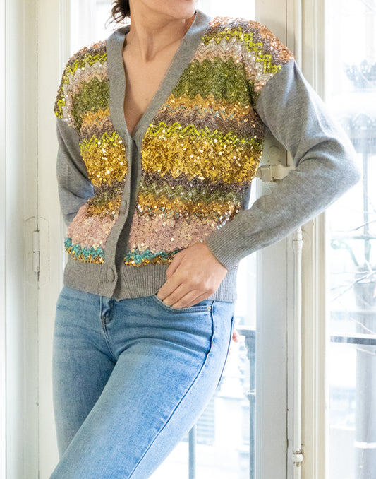 Chaqueta de punto con frontal de lentejuelas gris muestrarios de ropa y moda de mujer vestir bien