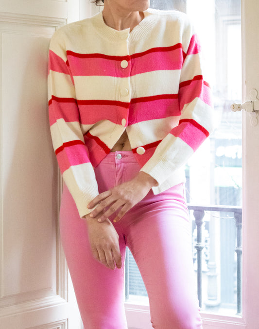 Chaqueta de rayas rosa y crema muestrarios de ropa y moda de mujer vestir bien mujeres de mediana edad