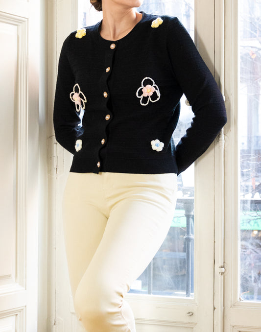 Chaqueta joya con apliques de flores crochet negro muestrarios de ropa y moda de mujer vestir bien ideas para mujer mediana edad