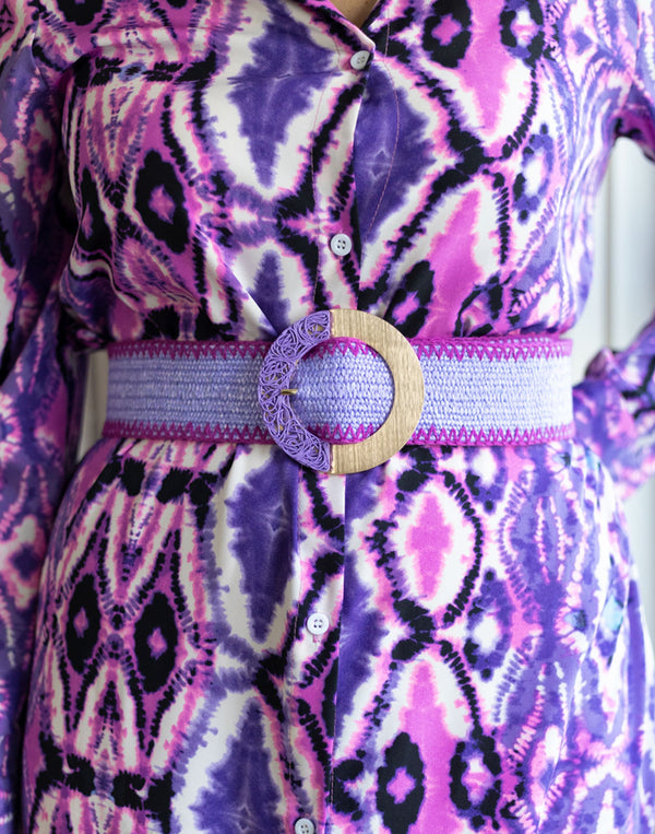 Cinturón rafia con pespuntes lila y morado muestrarios de moda y ropa de mujer