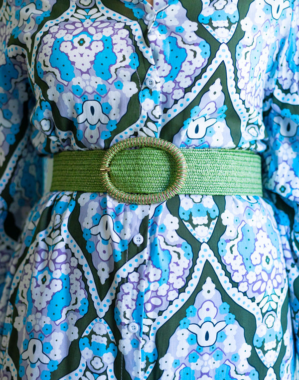 Cinturón rafia hebilla ovalada verde hierba muestrarios de ropa y accesorios de mujer