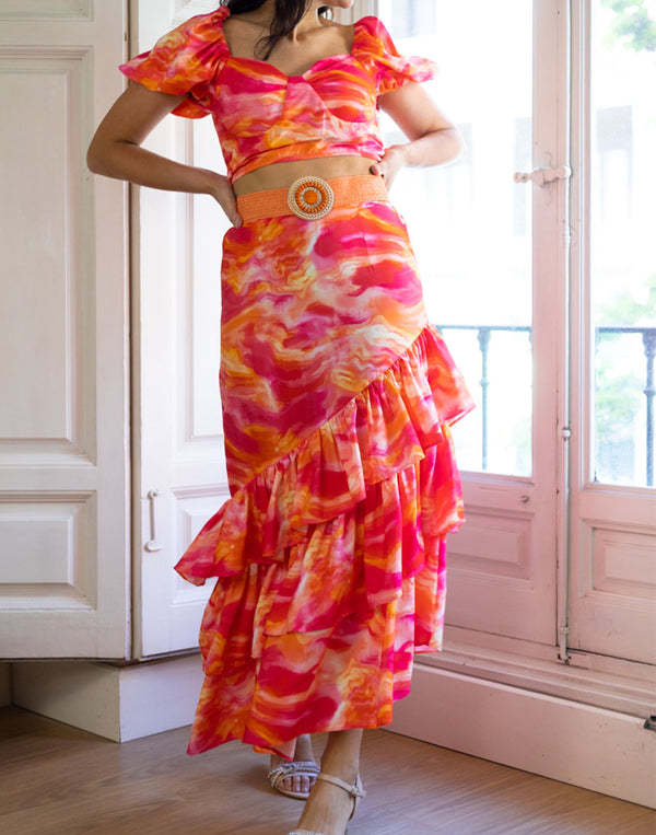 Crop top rosa y naranja efecto marmolado muestrarios de ropa y accesorios de mujer invitada ideal low cost