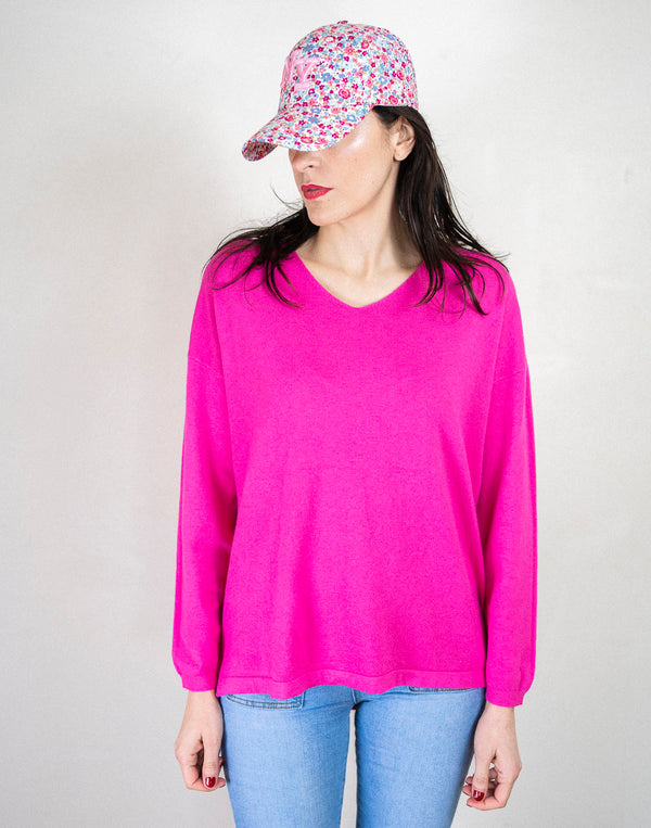 Jersey cuello pico efecto oversize rosa fucsia muestrarios de ropa y moda de mujer vestir bien con tallas grandes