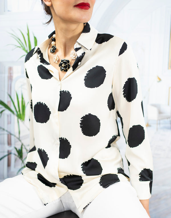 Camisa de lunares efecto gota de pintura blanco y negro muestrarios de ropa y moda de mujer